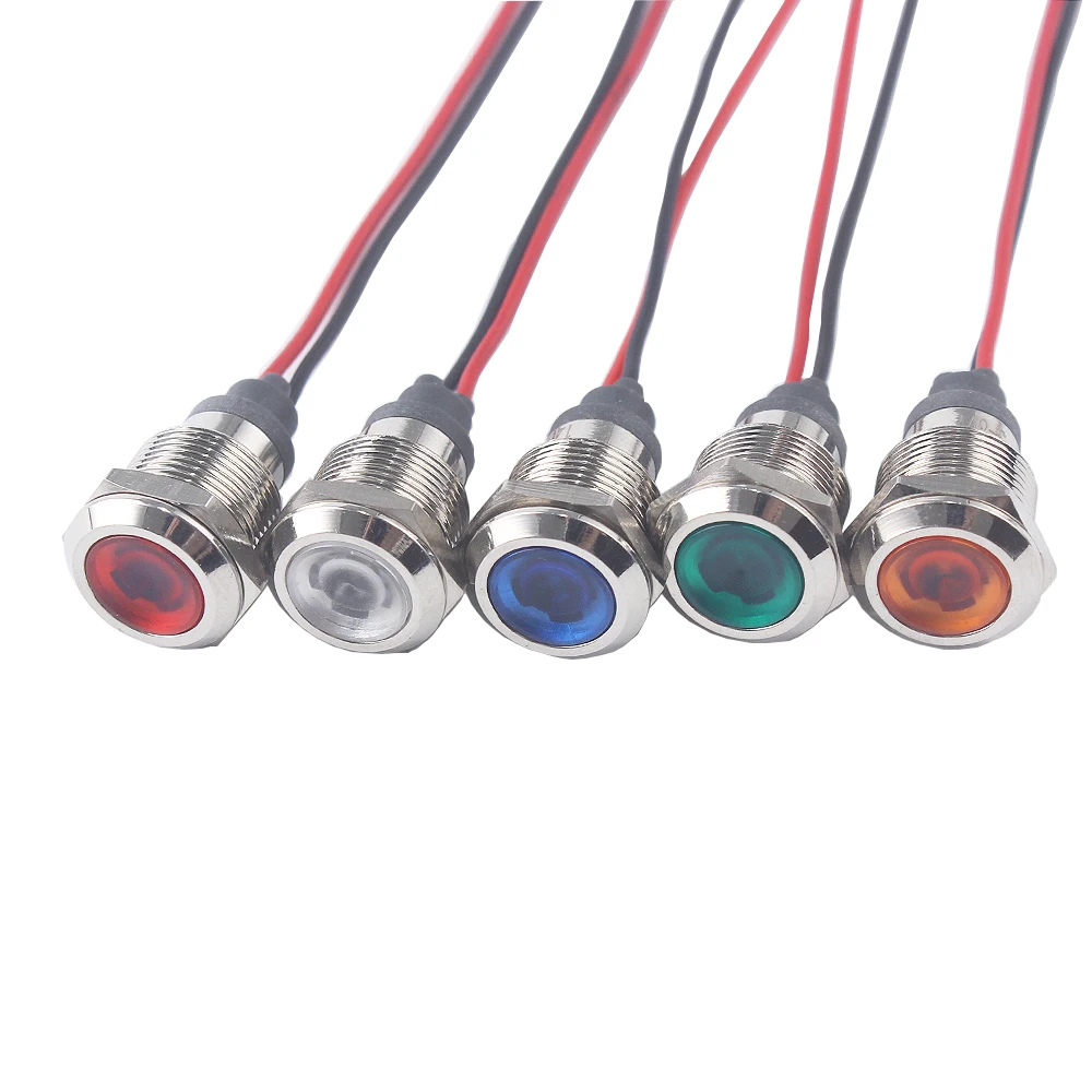 12mm LED Metal Indicator light waterproof Signal lamp with wire red yellow blue green white 3V 5V 6V 12V 24V 220V 110V