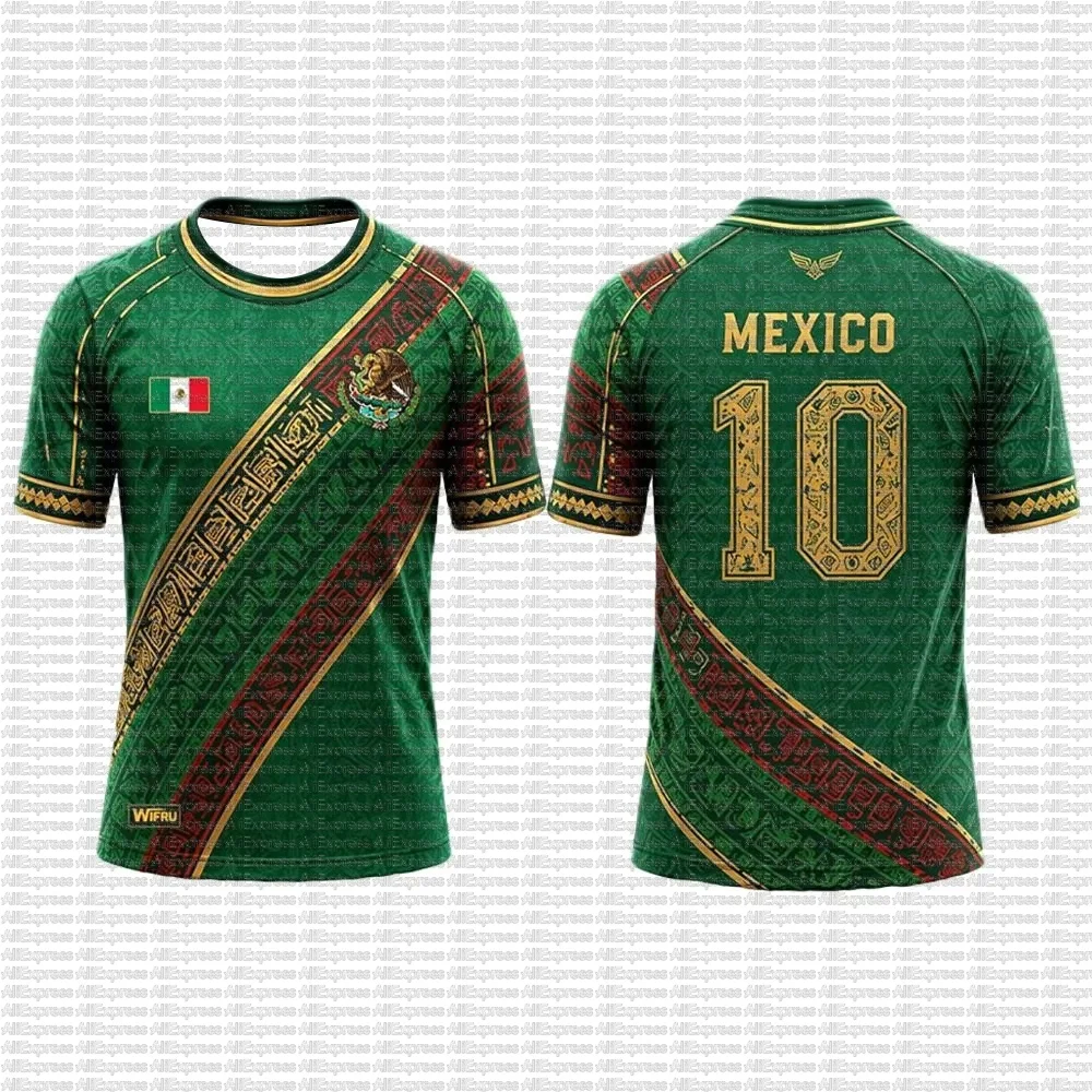 2026 Summer Fashion Mexico New 3D Printed V-neck Short sleeved T-shirt Pattern Outdoor Sports Passion Support T-shirt Size Up