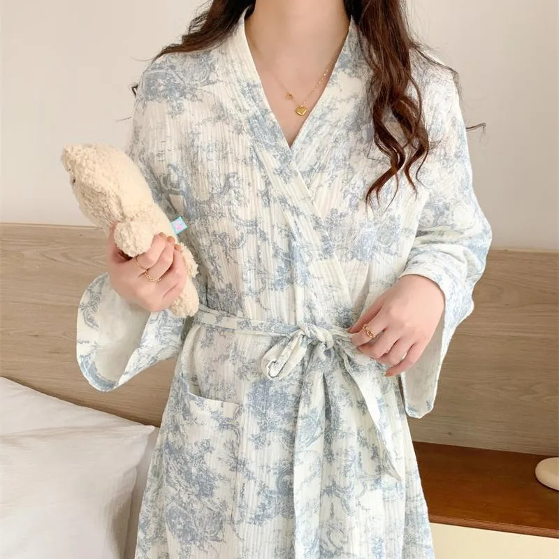 Women's Long Sleeved Home Morning Gown, Blue Floral Loose Waisted Comfortable Robe, V-neck Long Sleeved Home Nightgown image 2