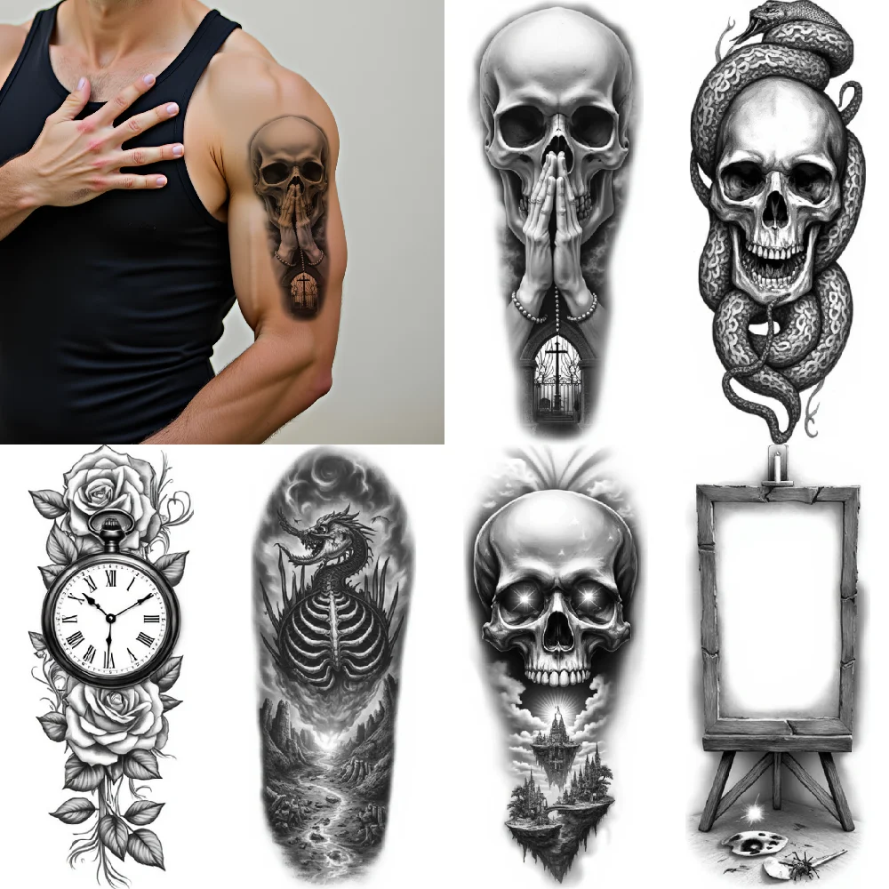 

3 шт., временные татуировки, реалистичные временные татуировки, дизайн черепа и змеи, пустой мольберт, лошадь и ковбойская сцена для мужчин, руки
