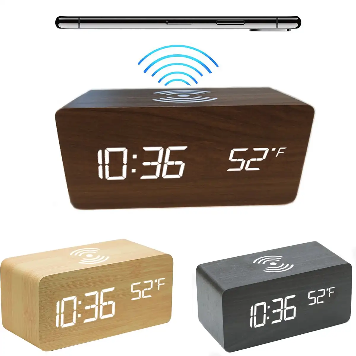 

Wooden Finish Alarm Clock with Wireless Charging (Qi Charging Pads) for Phone - Black