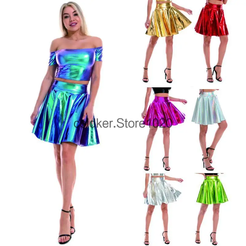 

Summer Sexy Laser High Waist Mini PU Leather Skirt Club Party Dance Shiny Holographic Skirts Harajuku JK Metallic Pleated Skirts