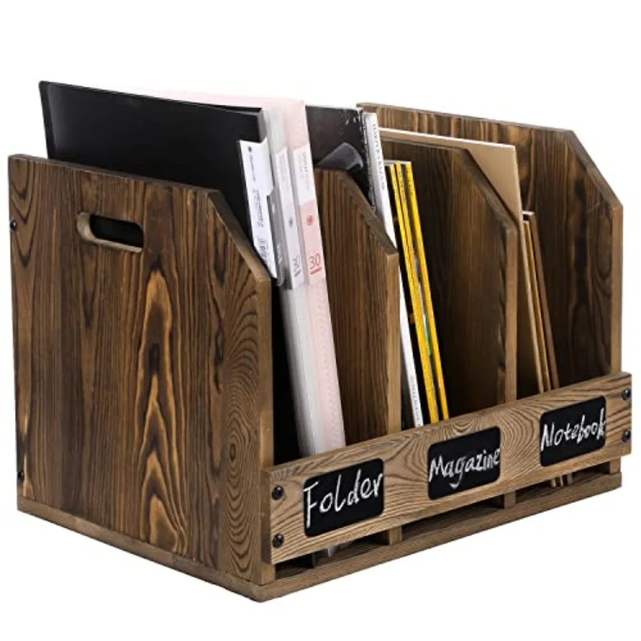 

Office Desktop Document File Folder Rustic Burnt Brown Wood Binder Storage Organizer Rack with 3 Compartments and Chalkboard La