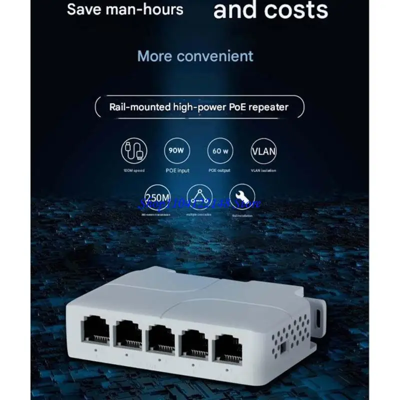 P9FA 5 Port POE Extender 90W Input 1 in 4 Out Networks Switches Extender Passthrough Switches For Long Distances Networks