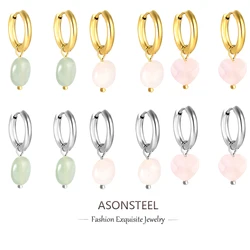ASONSTEEL 18K Gold Plated Stainless Steel Hoop Earrings Green Pink Natural Stone For Women Temperament Waterproof Jewelry Party