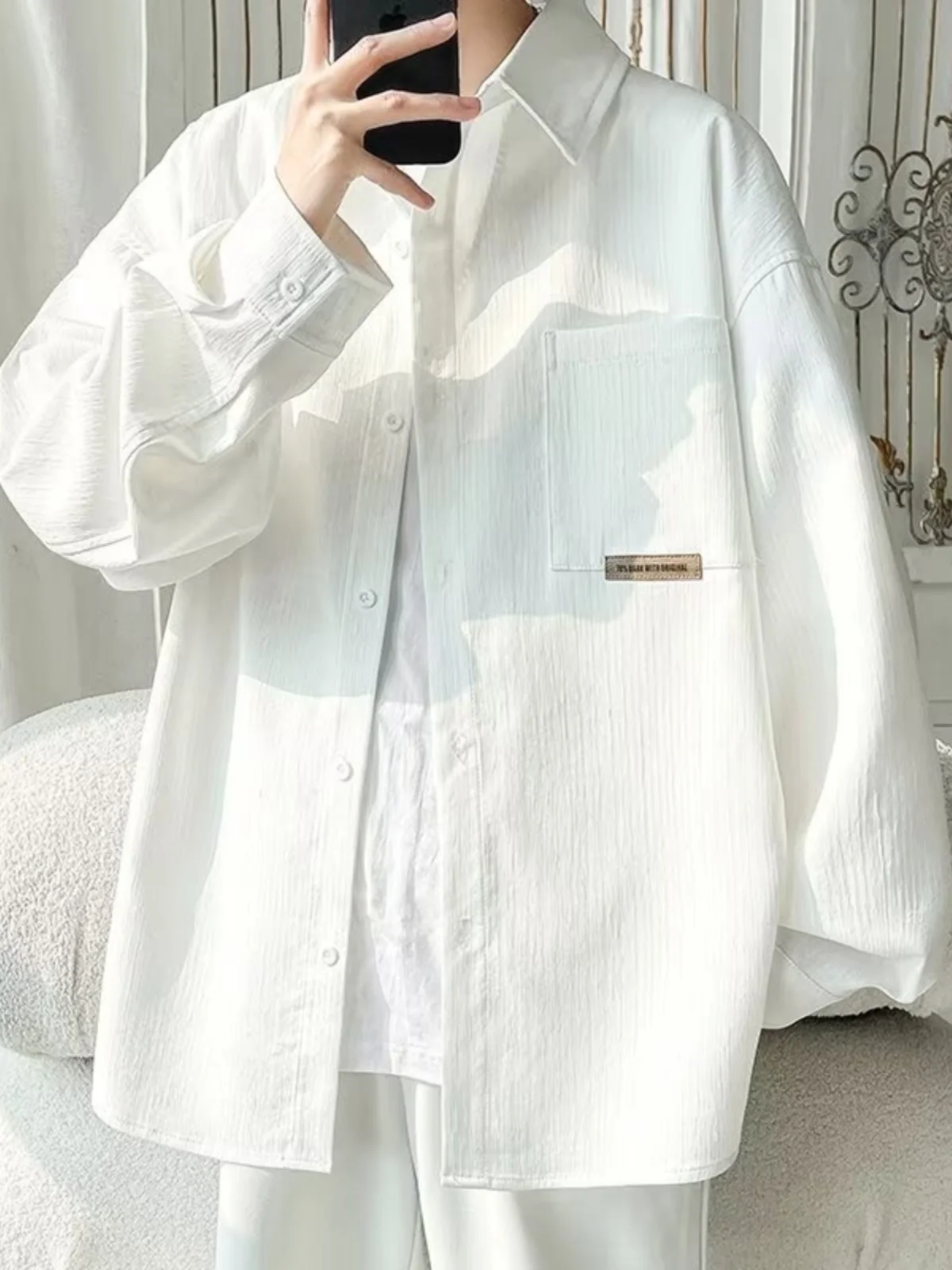 

Мужская текстурированная свободная посадка Long Sve Casual irt Молодежная осень-зима Новая износостойкая стойка пошив из полиэстера F...