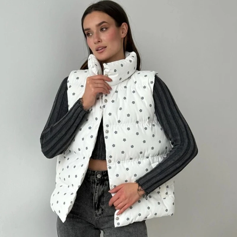 TARUXY Printed Vest Cotton Down Jacket Women's Stand Collar Sleeveless Pocket Warm Cotton Jacket Autumn Winter New Commuter Coat