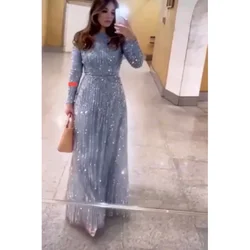 STEVDITG Formal Blue Sequin Long Sleeved Evening Dress for Women Floor Length Bride's Mother's Clothes Wedding Guests Wear Plus