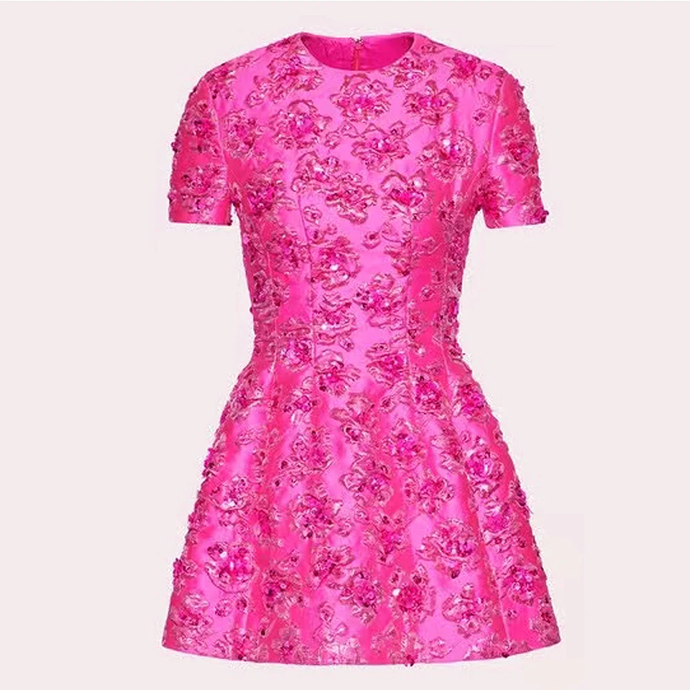 

S-XL High Quality New Fashion Exquisite Customized Fabric Jacquard Beads Fabric Round Neck Short Sleeve Slim Fit Women's Dress
