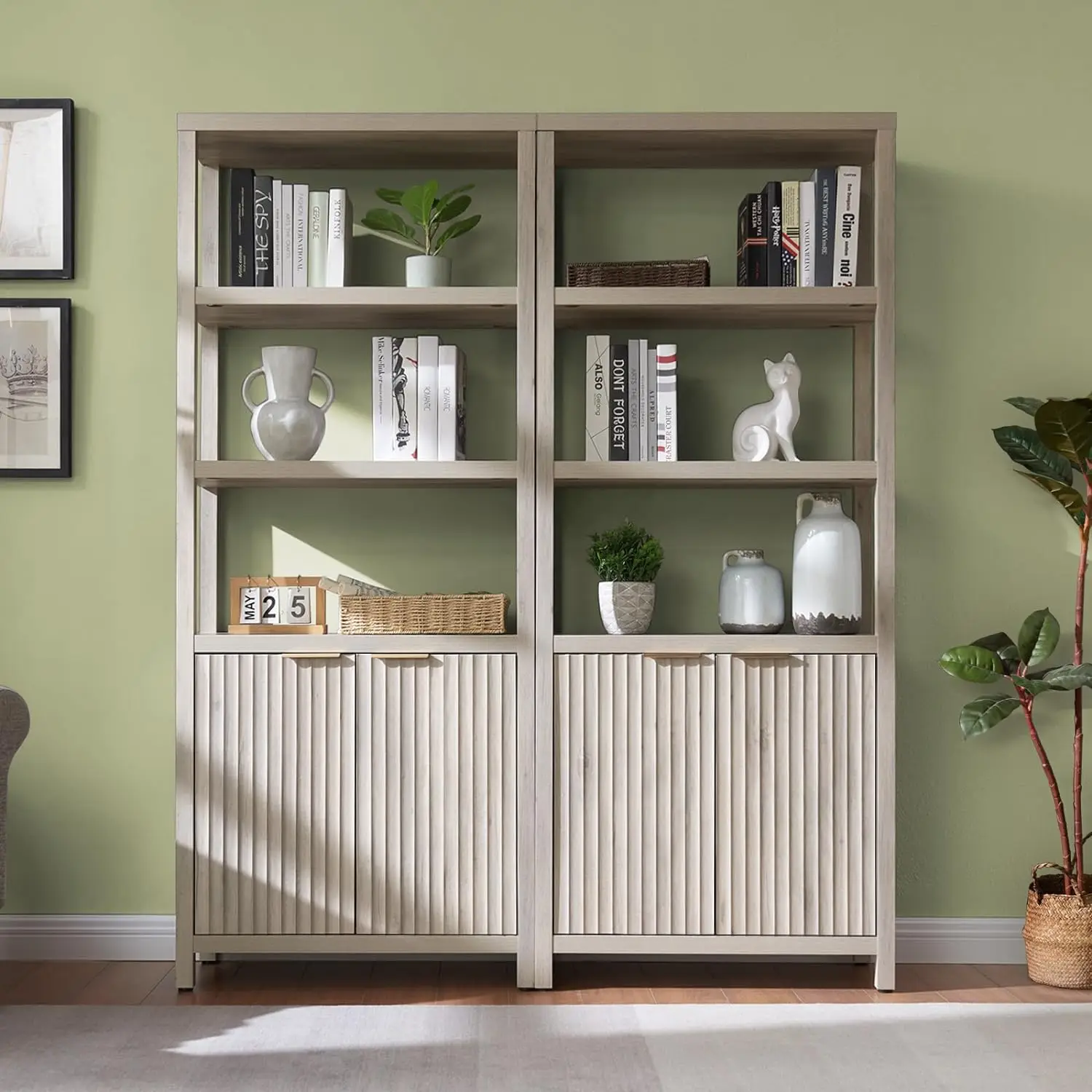 Oxford-étagère à livres, grande étagère à livres avec armoire à portes, bibliothèque à 5 niveaux, grandes étagères en bois avec panneau cannelé pour salon