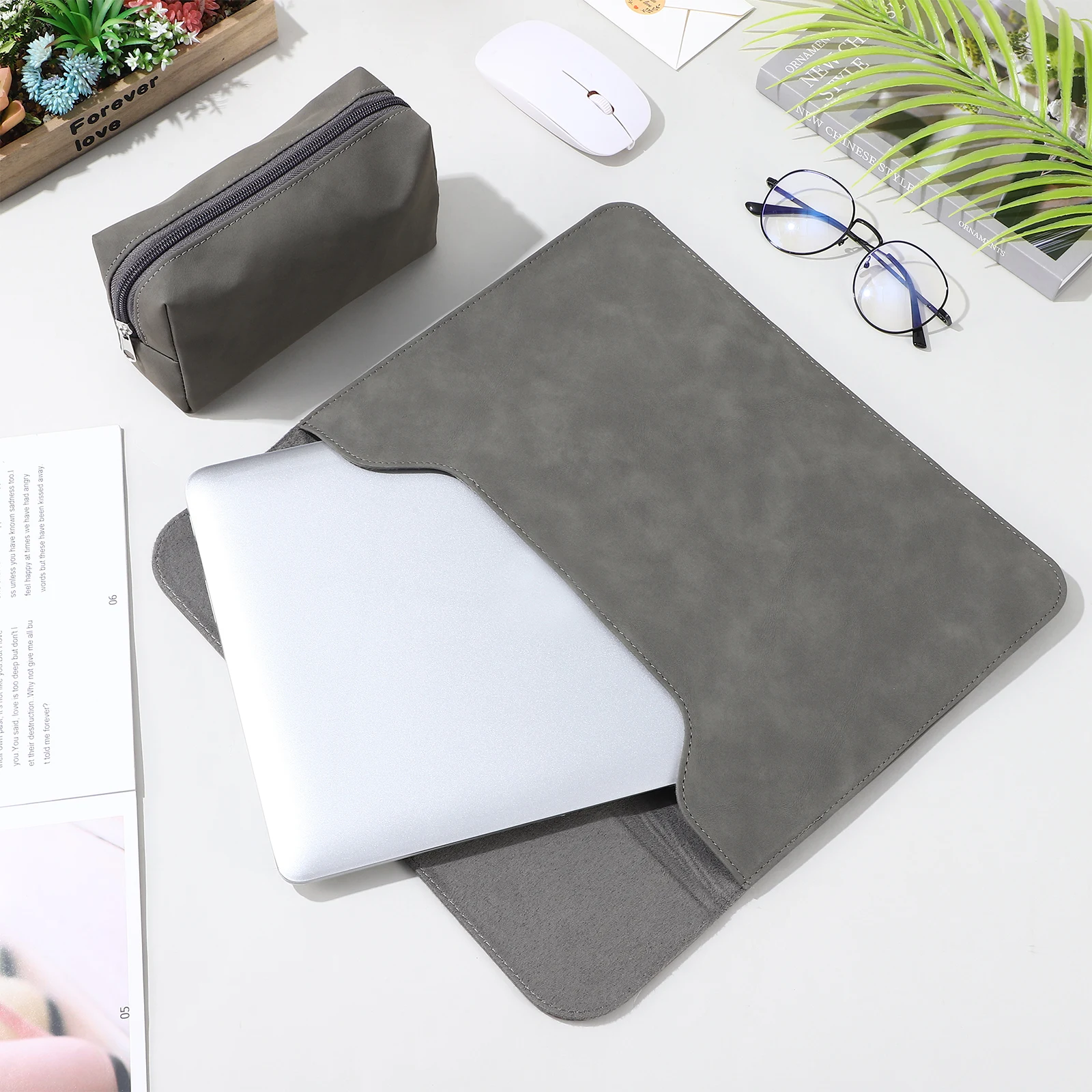 

Laptop Bag Power Storage Case PU Sleeve Protective Carrying Computer Bags Slim Design Zipper Pouch Adapter Mouse Travel