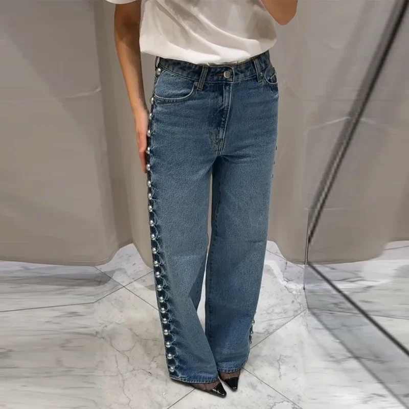 

Vintage Designer Metal Rivets Women's Denim Pants Chic Baggy High Waist Distressed Straight Trousers Fashion Lady Dragging Jeans
