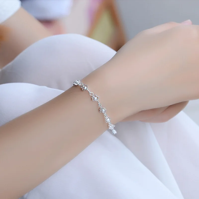 Sterling Silver Color Bracelets for Women Hollow Plum Blossom Charm Female Hand Chain Link Orignal Fashion Jewelry With Stamp