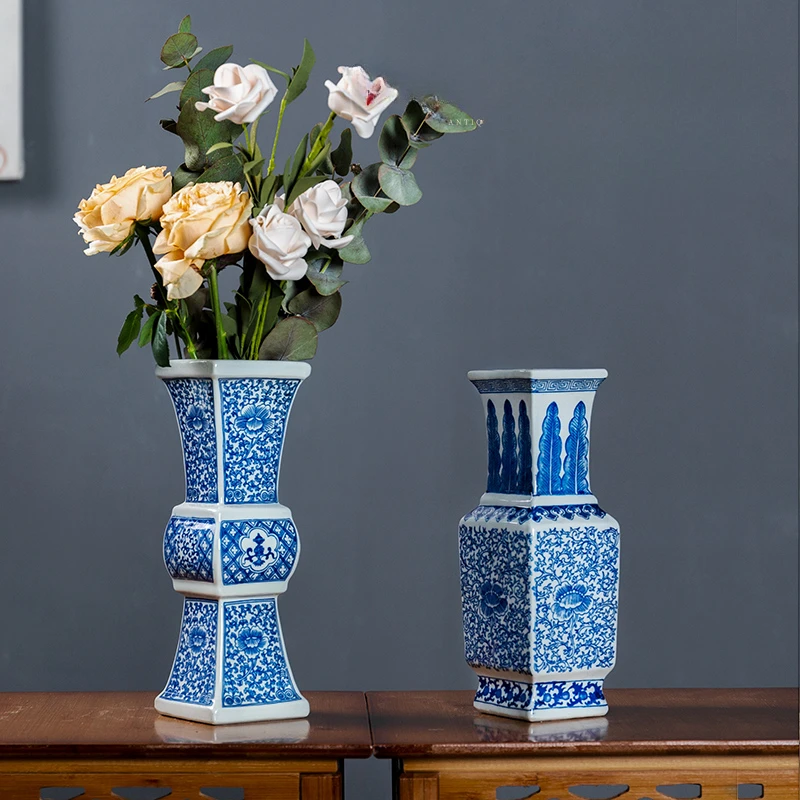 

Chinese Style Decor Ceramic Vase Chinese Blue and White Porcelain Vase Ornaments Small Mini Antique Square Ancient Flower Bottle