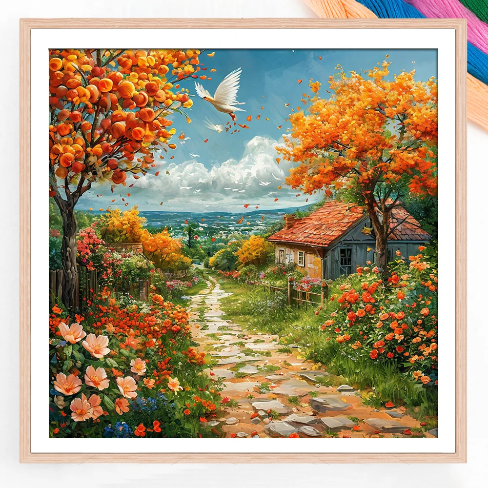 Broderie Point de Croix Paysage Arbre Fruitier Sentier en Pierre sur Toile Imprimée 11CT Fil de Broderie DIY Cadeau Décoration Maison