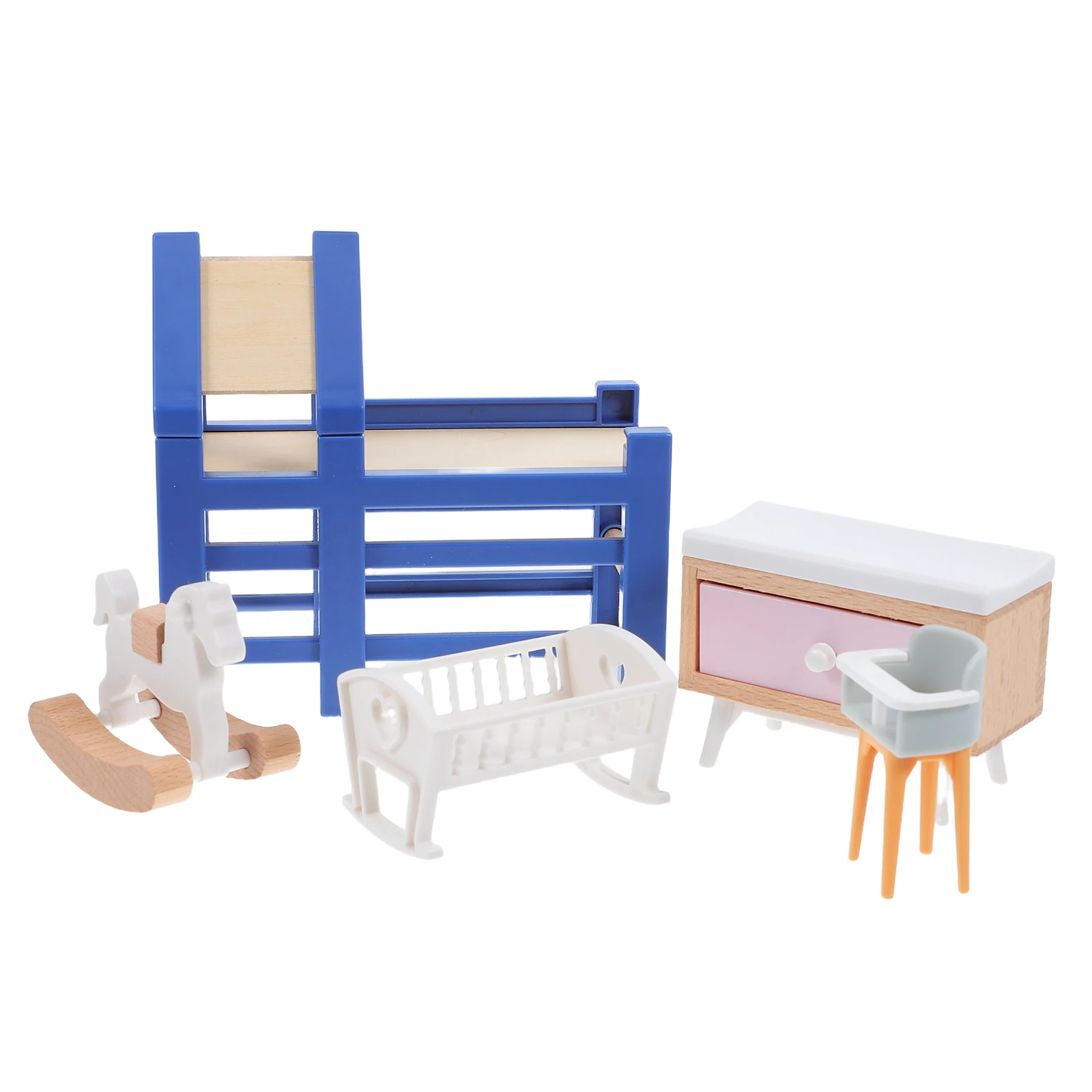 

1Set Dollhouse Nursery Furniture Set 1:12 Scale Includes Mini Cradle Slide Rocking Horse Stool for Kids Playroom Creative Design