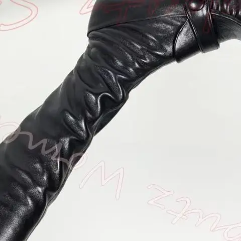 Ruched Fold Knee High Boot Women Side Zipper Buckle Stiletto Heel Vintage Party Square Toe Leather Shoes Solid Color Fashion New
