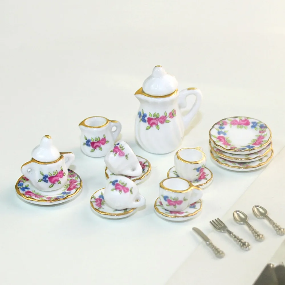 Ceramic Dollhouse Miniature Tea Set Tableware Kettle Doll House Cup Model Set Flower Tray Miniature Porcelain Tea Cup Set