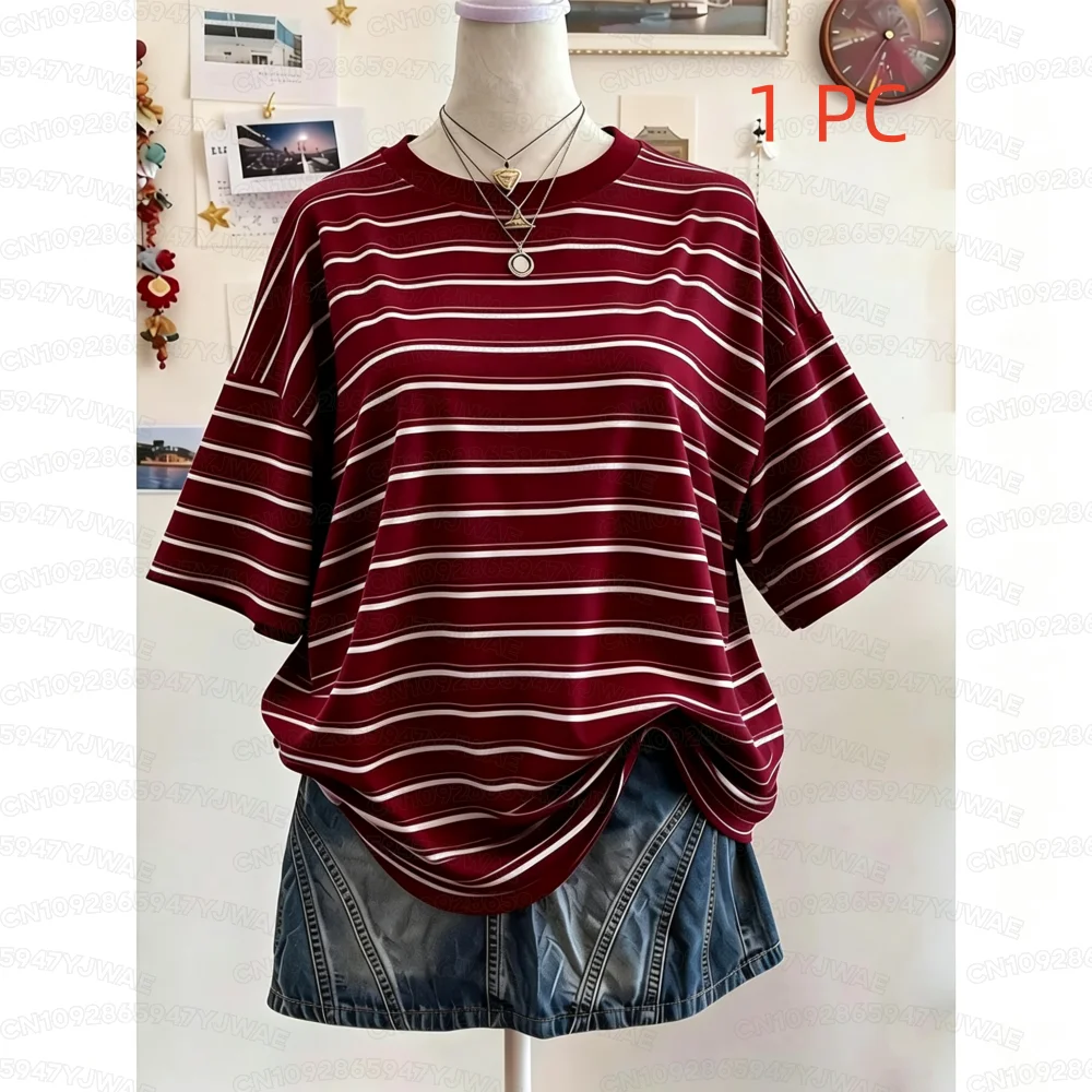 Summer Y2K Striped Print Casual Oversized Round Neck Drop Shoulder Women Short Sleeve T-shirt Street Casual Sports Top