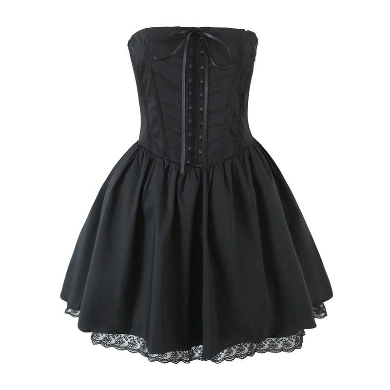 レースアップセクシーなストラップレスドレス女性のためのレーストリムローウエスト夜会服ミニドレスイブニングパーティーローブイエローホワイトブラック