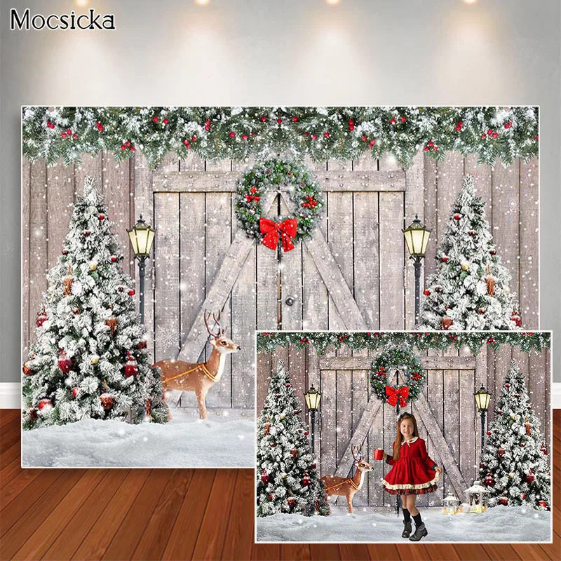 

Christmas Backdrop Winter Snowflake Xmas Tree Garland Decorations Photo Props Rustic Wood Family Portrait Photography Background