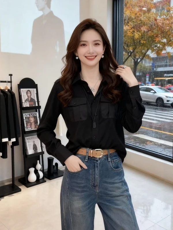 

Ele Bla Long Sve Collar Women's irt oulder Length Appropriate plus Size Faionable Slimming Spring 2026