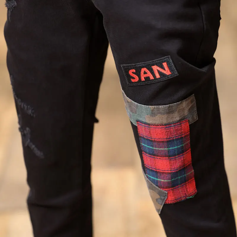 High Street Fashion Men Jeans Black Stretch Slim Fit Ripped Jeans Men Vintage Trousers Patch Designer Hip Hop Denim Pants Hombre