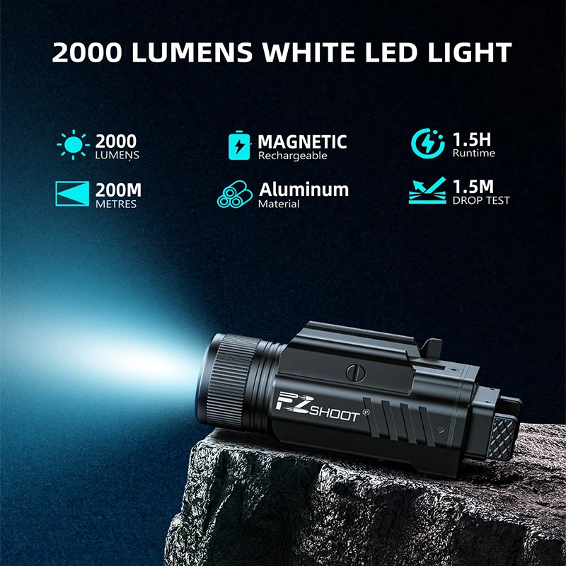 

2000 Lumen Hunting Pistol Light Rechargeable Adjustable Slide Rail LED Flashlight Strobe Mode for Picatinny GL Rail