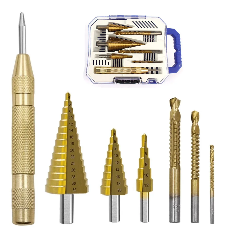 6/7Pcs Step Drill Bit Set Slot Center Punch Spiral Twist Saw Straight Groove Titanium Milling Cutter Broaching Hole Opener Tools