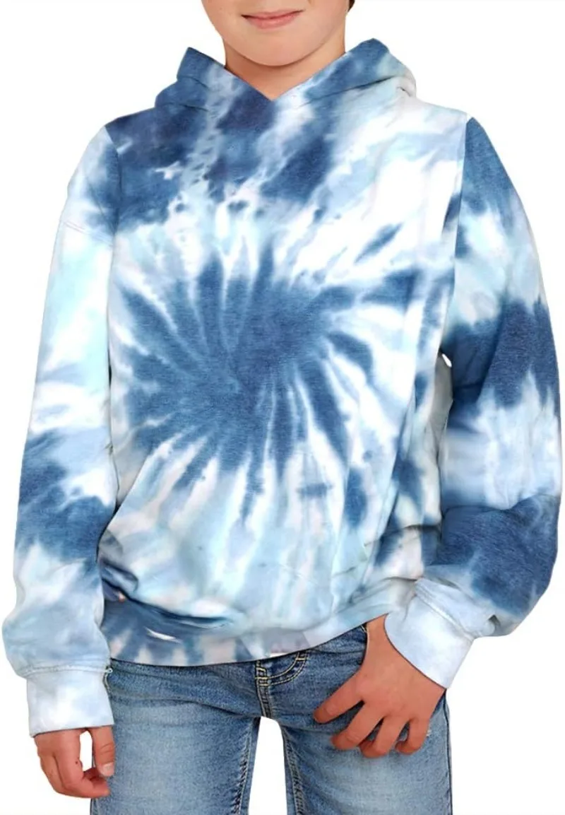 Unisex Kids Tie Dye Sweatshirt Boys Girls Hooded Kangaroo Pocket Pullover Hoodies