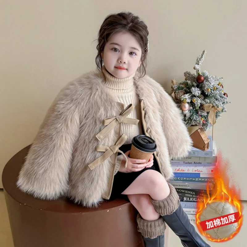 Girls Outwear 2-14 Years 90-160cm Winter New Fashion Warm Thickness Baby Kids Princess Coat Toddler Imitation Fur Bowtie Jacket