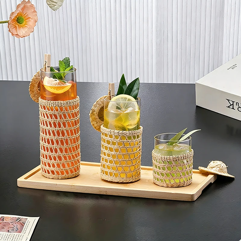 

Handcrafted Wicker Weave Glass Cup Coffee Cup Milk Water Cup Heat Resistant Tea Cup Set Vintage Style Single Layer Heat Insul...