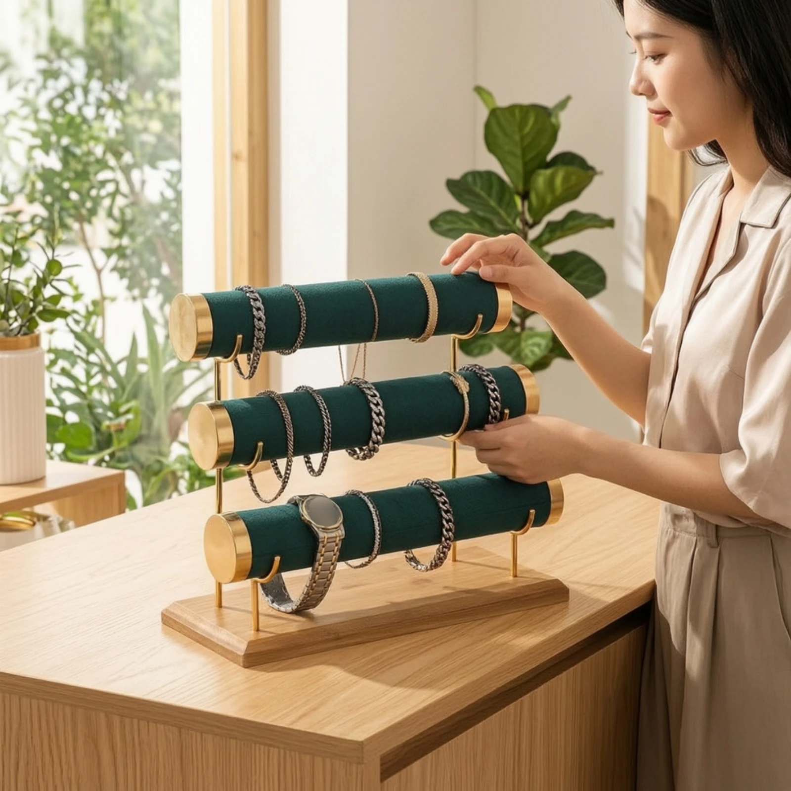 Jewelry Organizer with Wooden Base Velvet-Covered Jewelry Display Stand Space-Saving Stable for Dresser, Vanity
