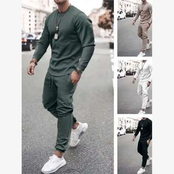 

Men's Casual Sportswear Set Long Sve Pure Color T-irt And Pants Two-Piece Suit Autumn Winter Faion Cross-Border Sle