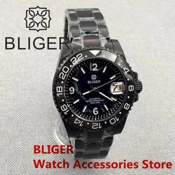 BLIGER New 40mm NH35 Automatic Mechanical Watch For Men Full Black Luminous Ceramic Bezel Sapphire Glass Reloj Hombre