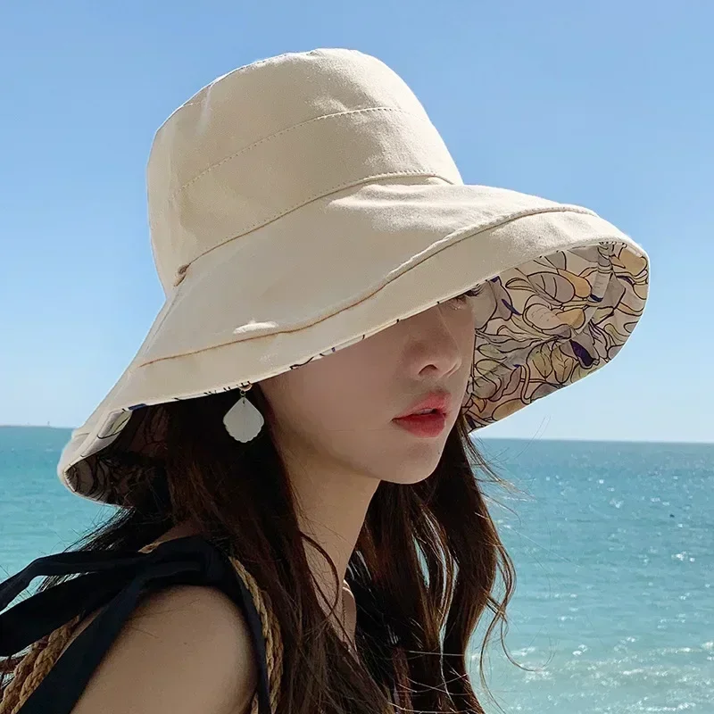 2024 Summer Reversible Sun Beach Hat Woman Girl Spring Outdoor Travel Vacation Fisherman Cap Fashion 12.5cm Wide Brim Visor Hat