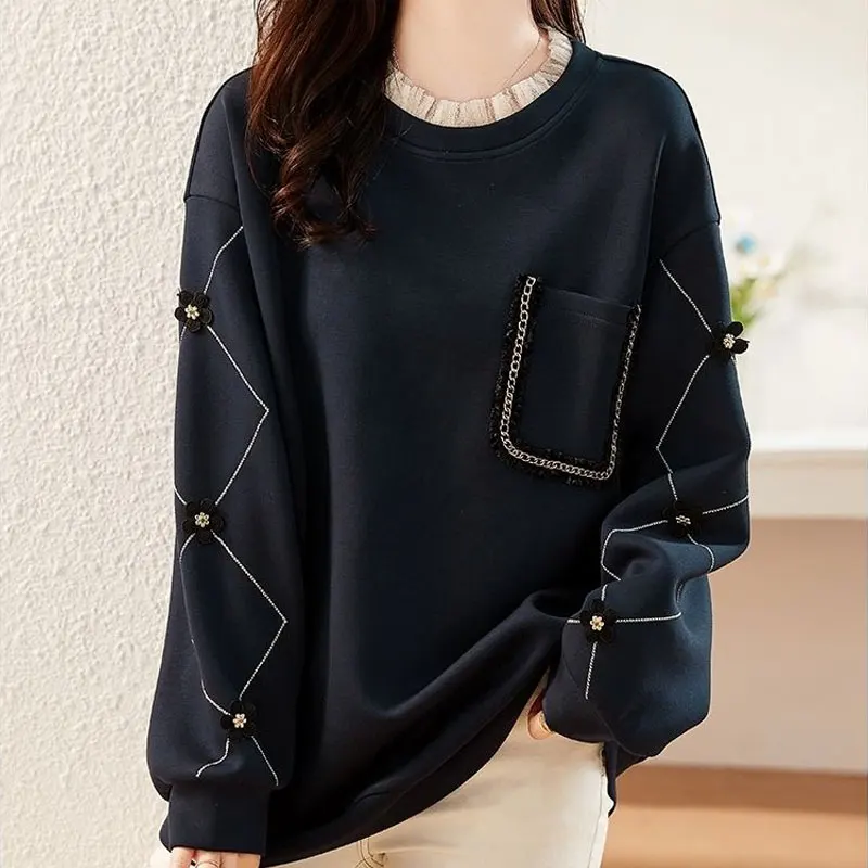 Fashion Beading Gauze Spliced Sweatshirts 2024 Autumn Winter Fake Two Pieces Female Clothing Casual Round Neck Pockets Pullovers