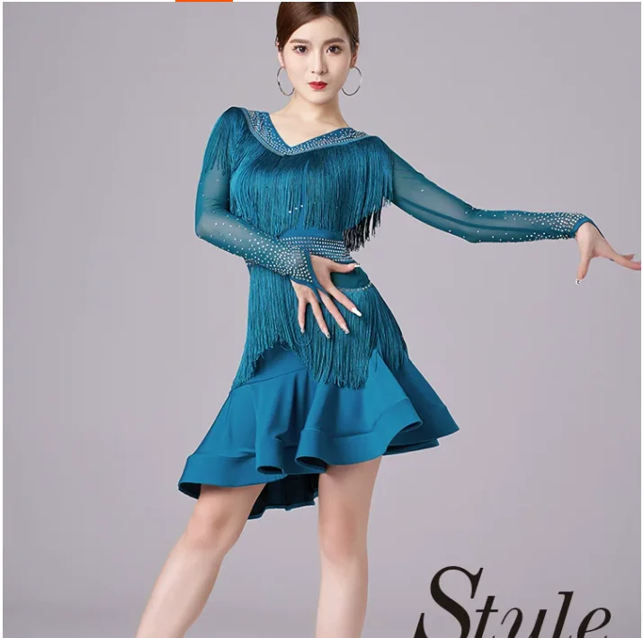 

Профессиональное платье для латиноамериканских танцев для взрослых с горячими стразами и бахромой