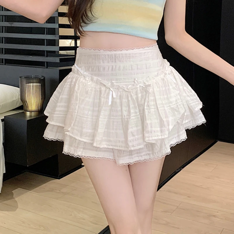 

Ruffle Mini Skirt with Lace Trim Bows Built-in Shorts Cute Skort Women Soft-girl Coquette Balletcore Lolita Kawaii Clothes
