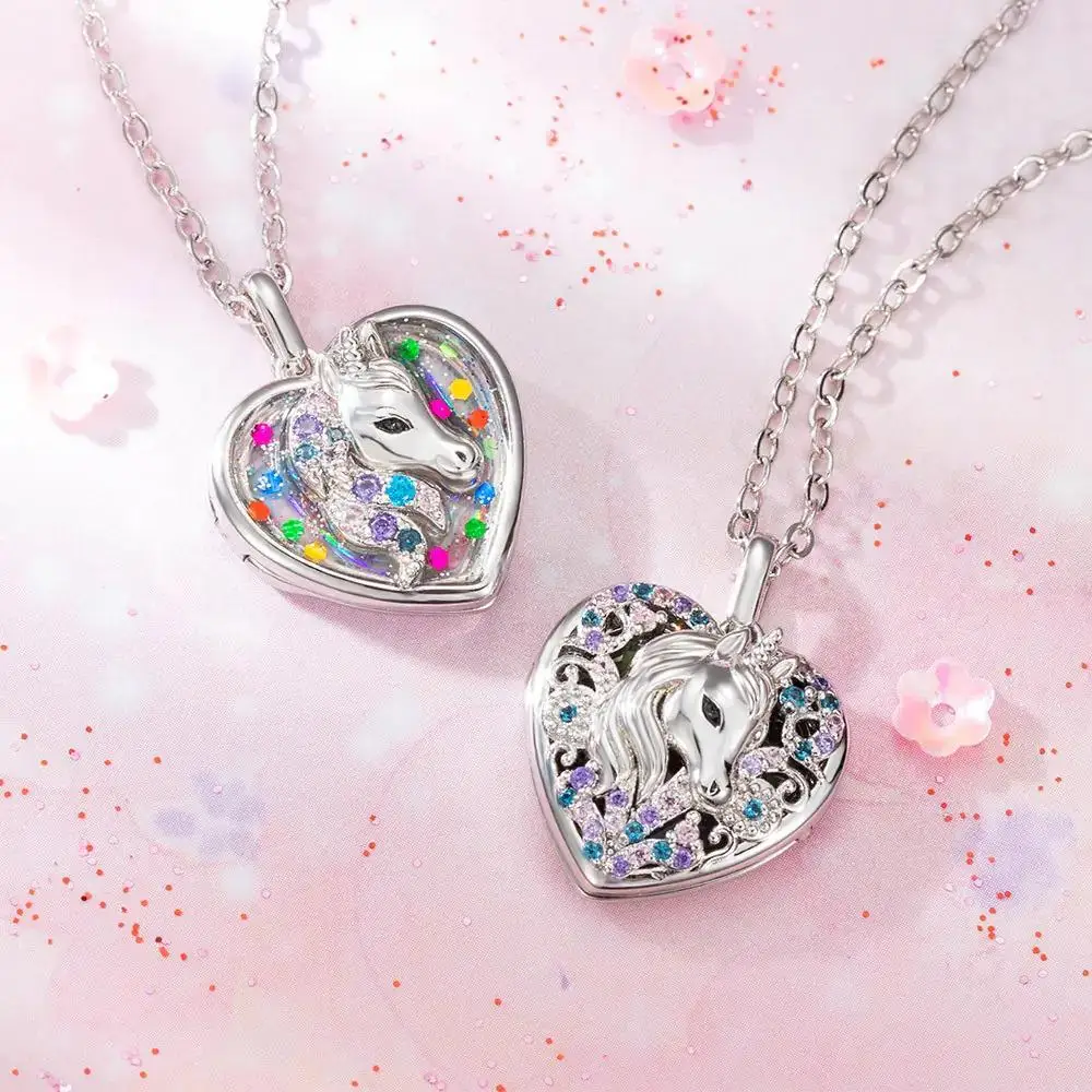 Children's unicorn love photo box pendant necklace can put photos to send girls princess style birthday gifts