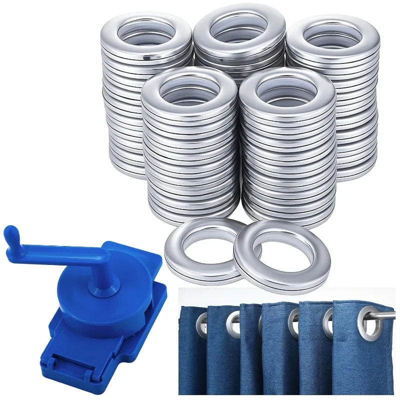Rotary Curtain Puncher Kit 50Pcs 1-9/16 Inch Plastic Roman Rings Curtain Eyelet Hole Cutter for Window Shower Drapery Silver