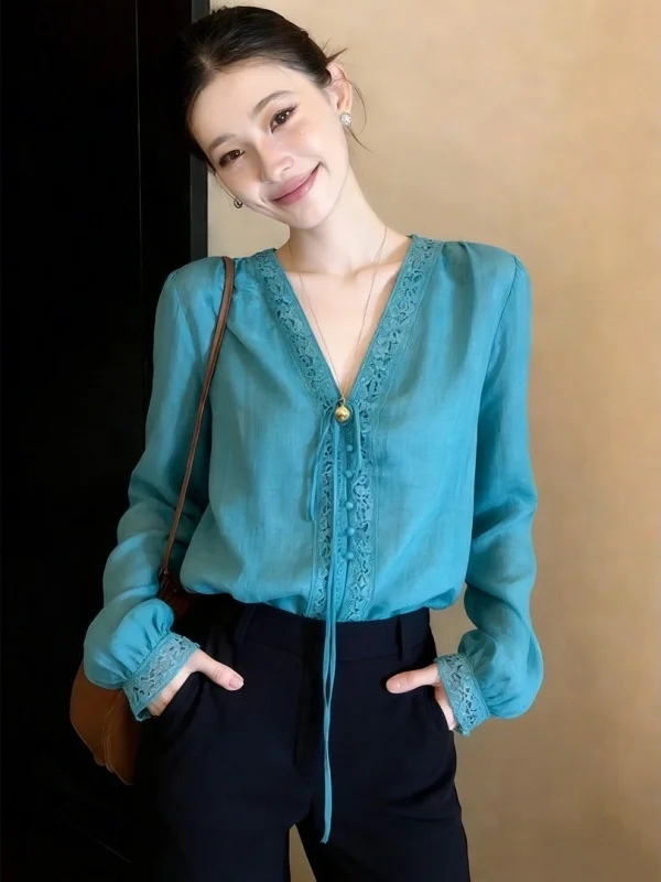 

Весенняя новинка: женская рубашка Peaco Blue с длинным рукавом и V-образным вырезом, элегантная, повседневная, свободного кроя, на пуговицах