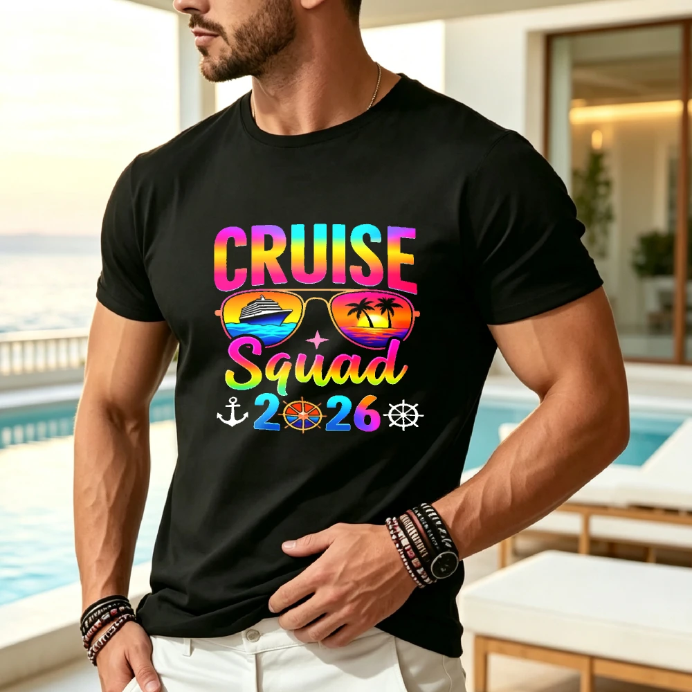 Cruise Squad 2026 Matching TShirt Family Trip Shirts with Cruise Squad Text Round Neck Casual Tee Machine Washable Suitable for Wear Group Outfits for Vacations Birthdays Reunions2Retro Casual Short-sleeved T-shirt with a Round Neck and Printed