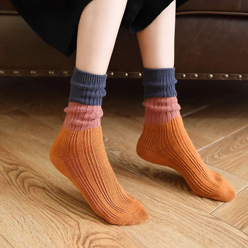 Japanese Loose Socks High School Girls Harajuku Thick Needle Color Matching Socks Solid Needles Knitting Striped Cotton Socks