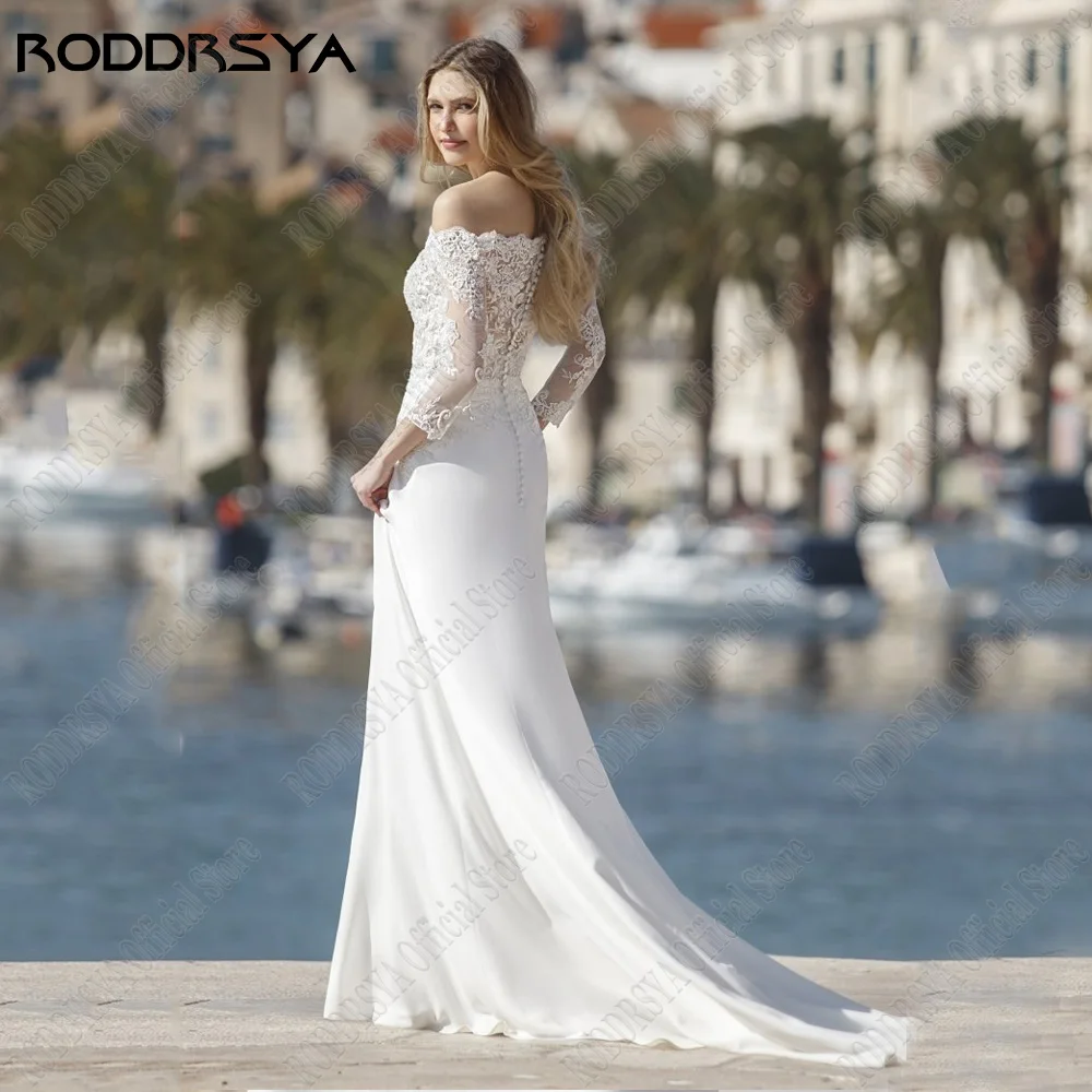 Roddrsy civil robe de mariée mariée bateau cou hors épaule robe de mariée en mousseline de soie a - word applique manchRODDRSY-Robe de Mariée Civile à Manches sulf, Col Bateau, en Mousseline de Soie, Ligne A, Appliques