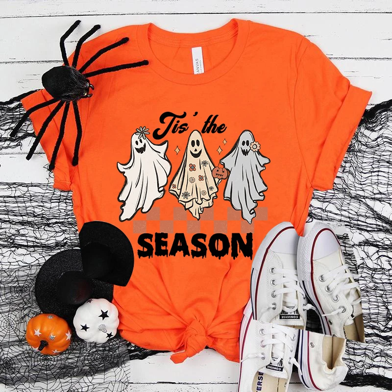 

(Premium T-shirt)Women'S Fashion Printed Halloween Ghost Tis The Season Print T-Shirts Summer Casual Loose Round Neck tops