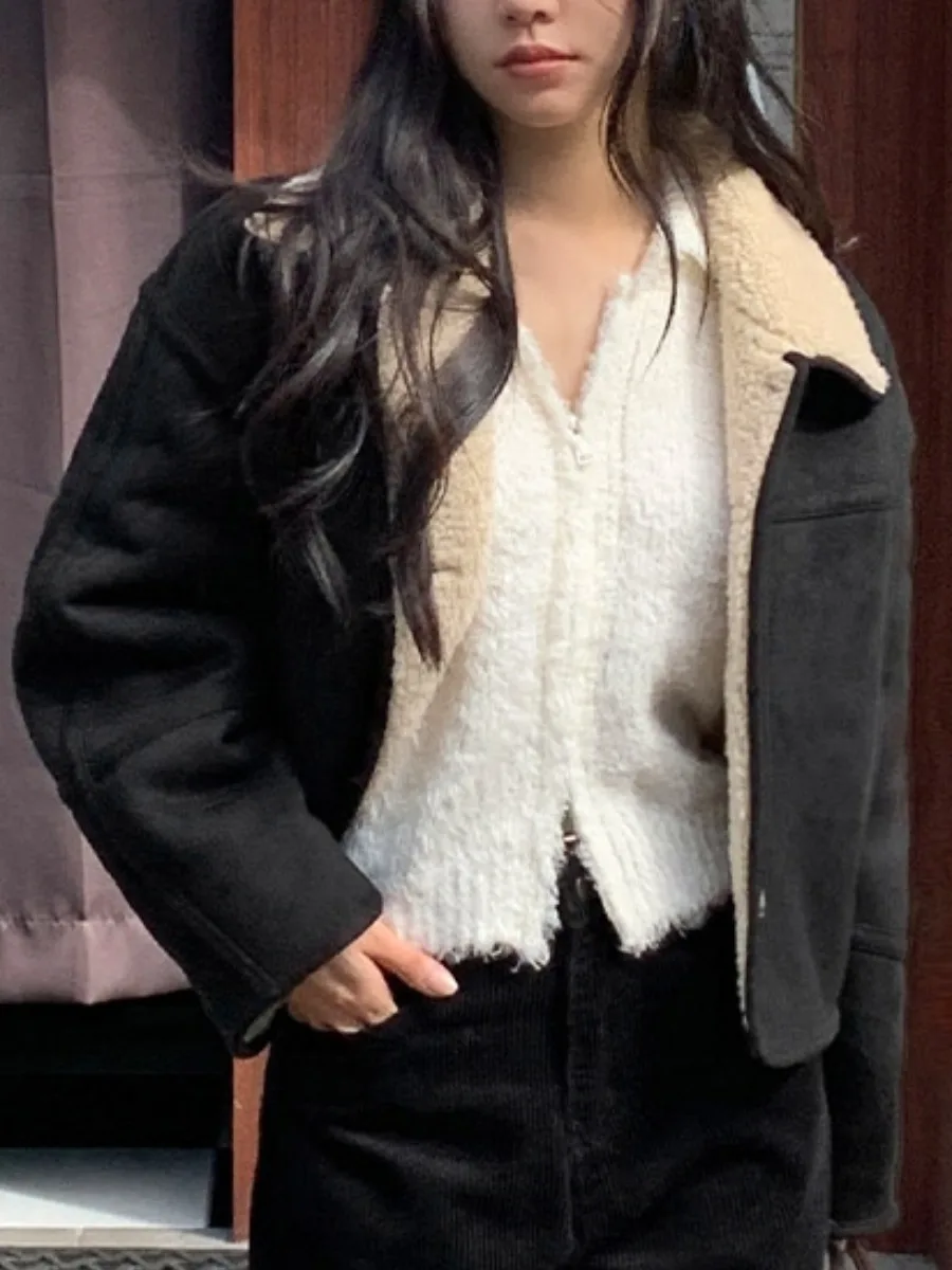 معطف فرو خروف شتوي أنيق بتصميم عتيق بزر واحد وياقة ثابتة من المخمل الدافئ للسيدات ملابس خارجية طويلة