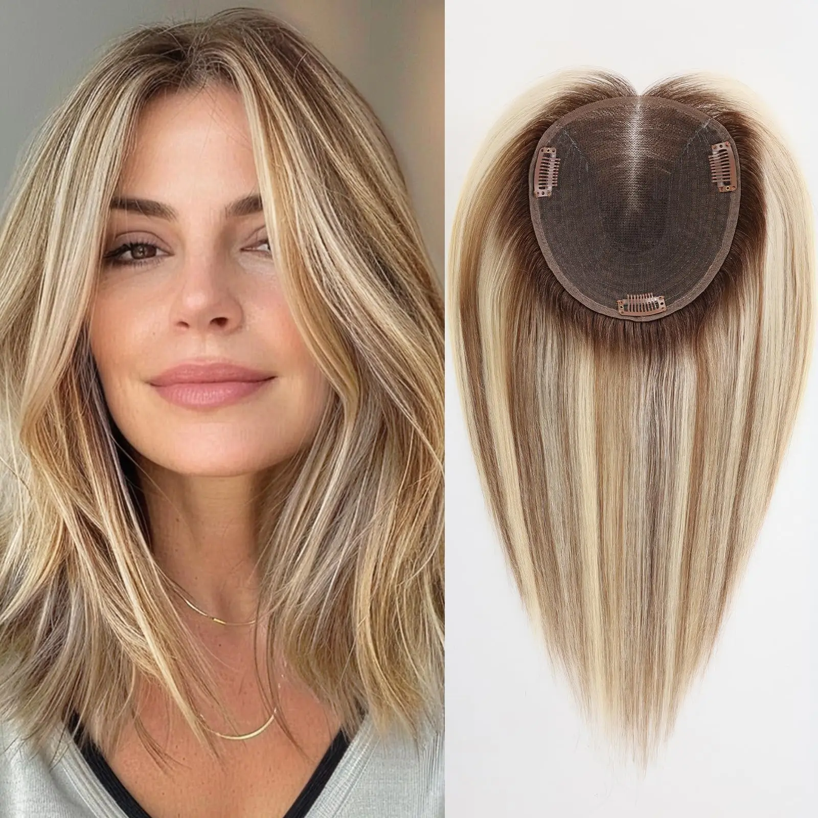 Real Human Hair Topper No Bangs 14 Inch Medium Brown Mix Dark Blonde Blonde Topper 5x6” 100% Virgin Remy human hair topper, dark  main image 2