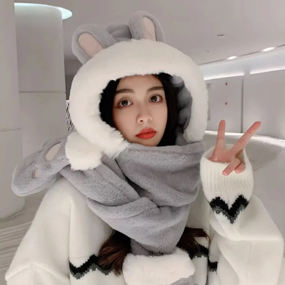 

Интегрированная шапка в форме кроличьих ушей, шарф, перчатки, мягкая плюшевая утолщенная защитная шапка для ушей, теплая ветрозащитная шапка-бини, шарф для женщин