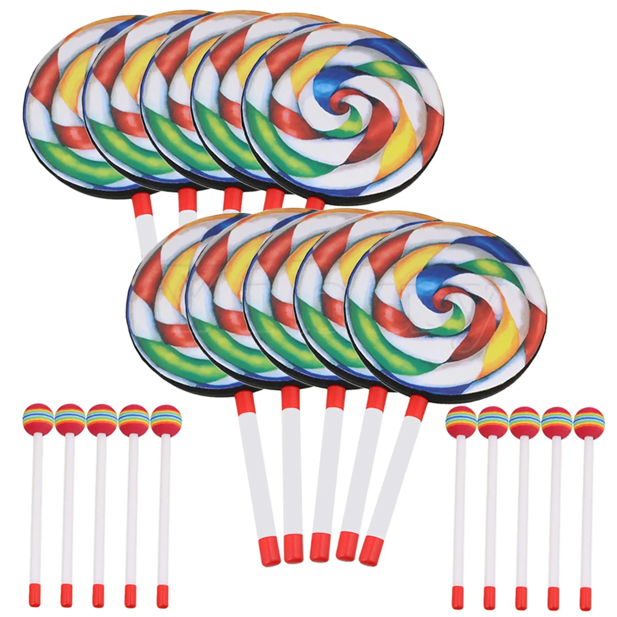 Yibuy 10pcs 7.9inch Lollipop Shape Hand Drum Percussion Musical Instruments Education Toys for Kid with Candy Drumstick